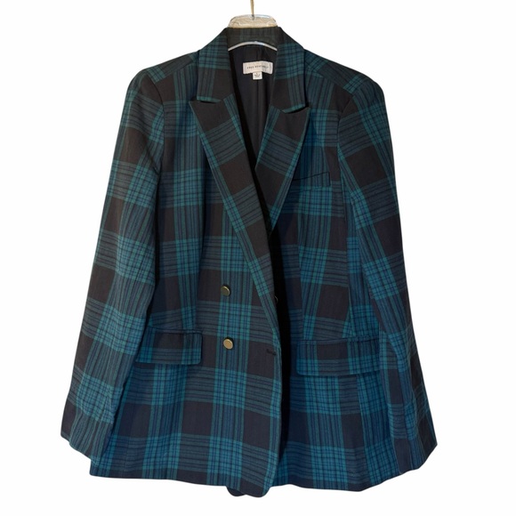 Free Assembly Green Black Plaid Double Breasted Blazer Jacket Gold Button Women - Picture 3 of 8